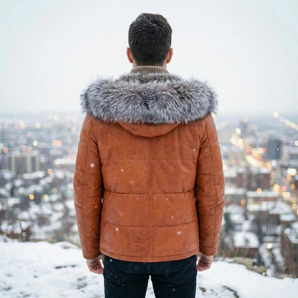 Men's Leather Puffer Jacket with Fur Hood - Quilted Winter Coat - Warm Down Parka