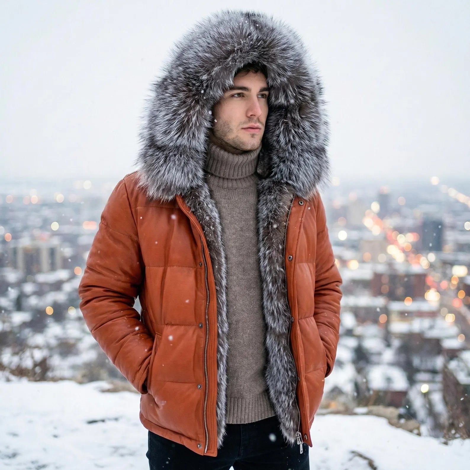 Men's Leather Puffer Jacket with Fur Hood - Quilted Winter Coat - Warm Down Parka