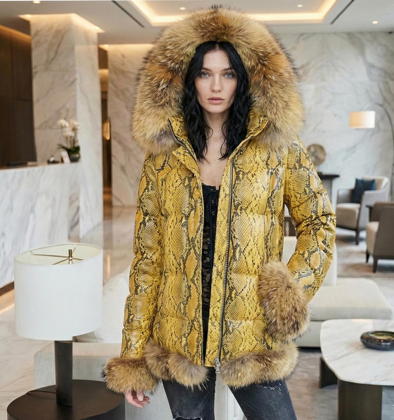Women's Luxury Python Snakeskin puffer leather Jacket Real Fox Fur Collar Snake Print Jackets