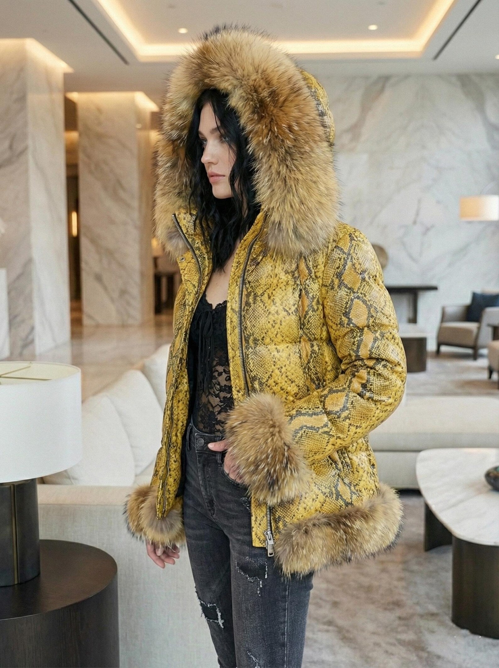 Women's Luxury Python Snakeskin puffer leather Jacket Real Fox Fur Collar Snake Print Jackets