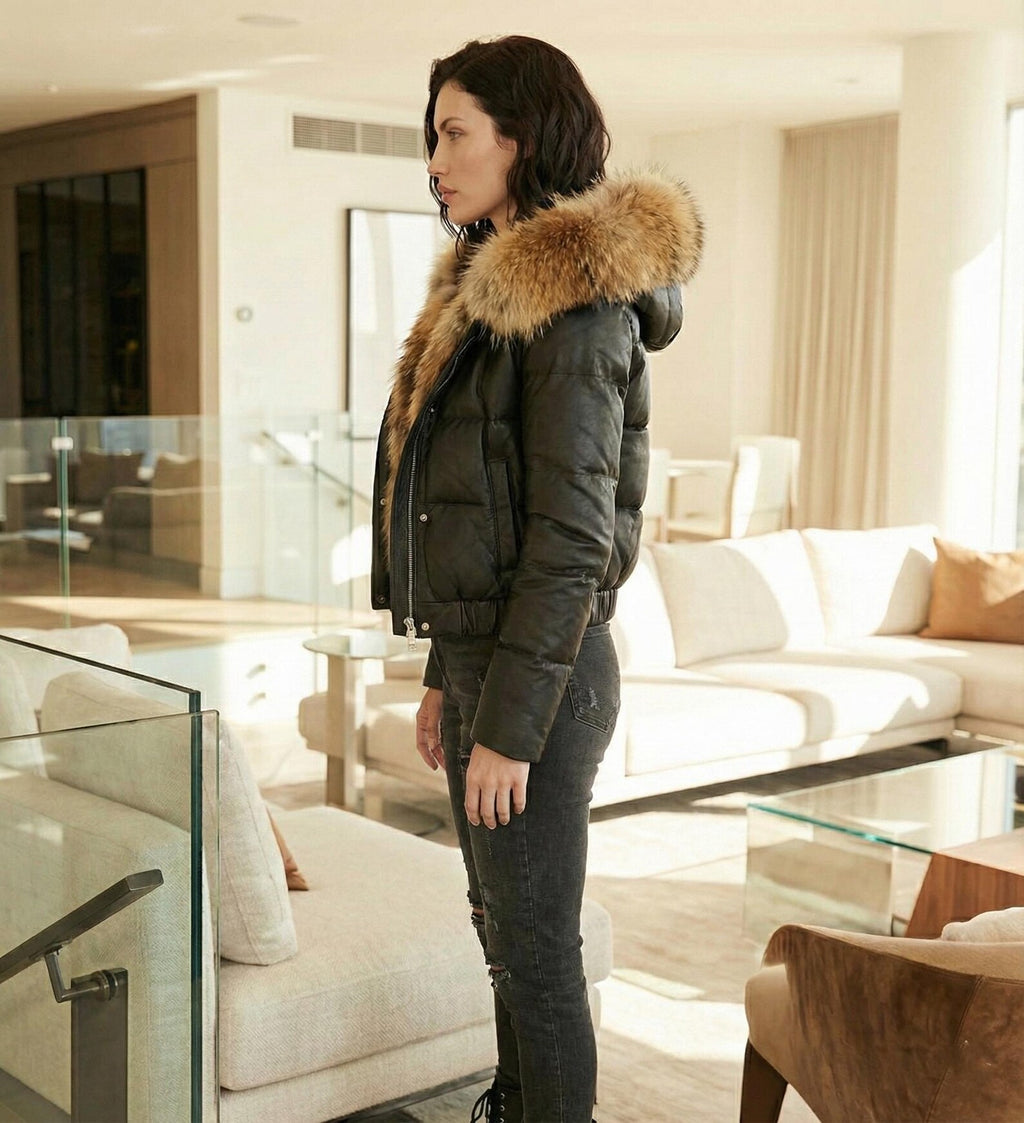 Black Leather Puffer Coat with Fluffy Fur Trim | Women's Fitted Winter Jacket | crop top