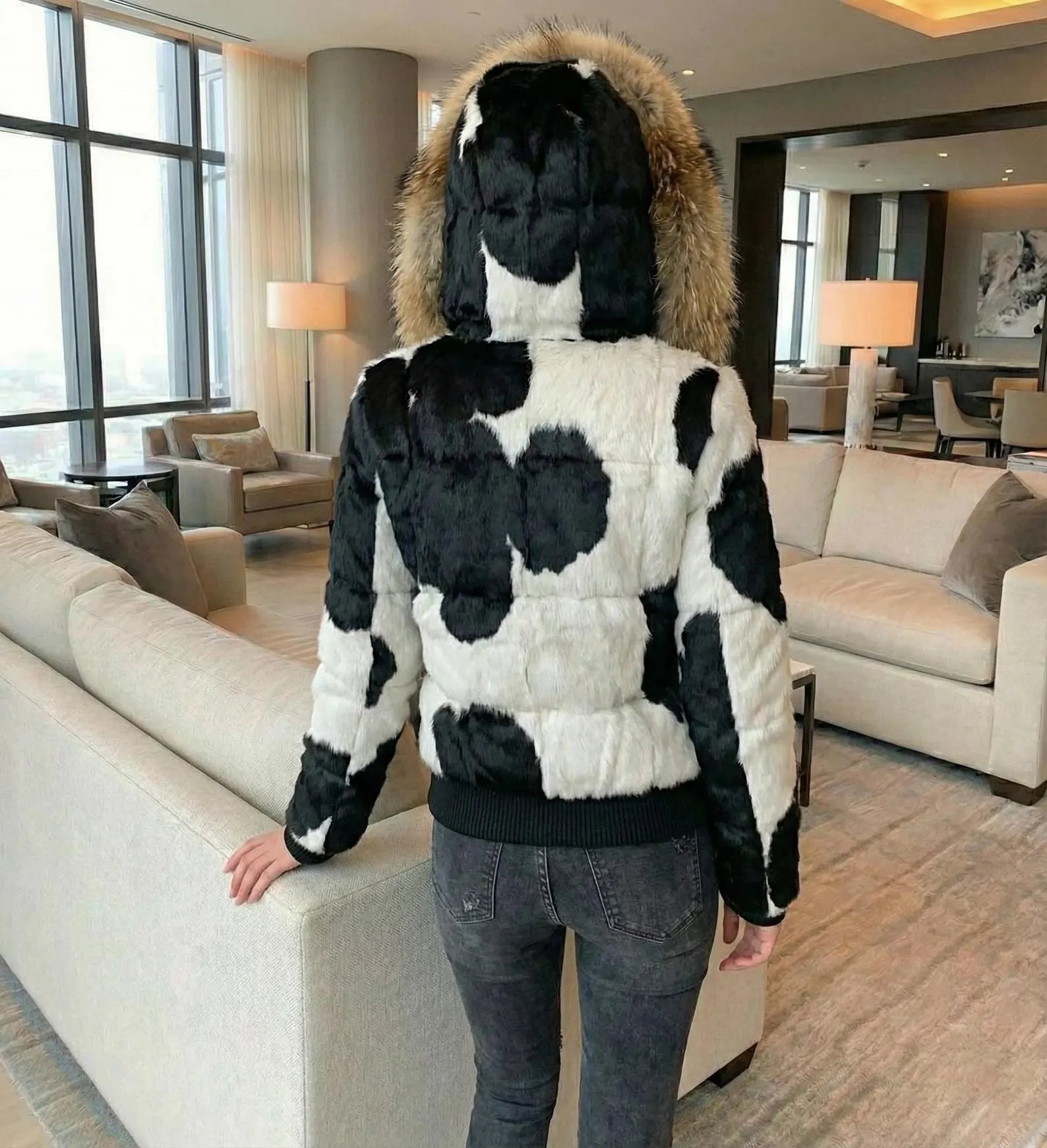 Women Cowhide Leather Puffer jacket , Hair On Hide Puffer Coat With Fur Hood