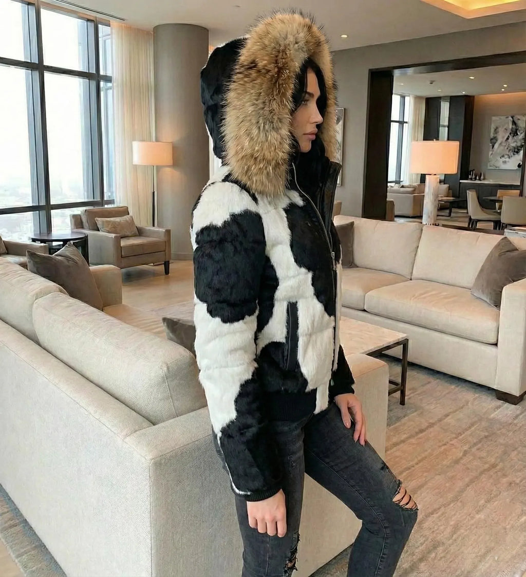 Women Cowhide Leather Puffer jacket , Hair On Hide Puffer Coat With Fur Hood