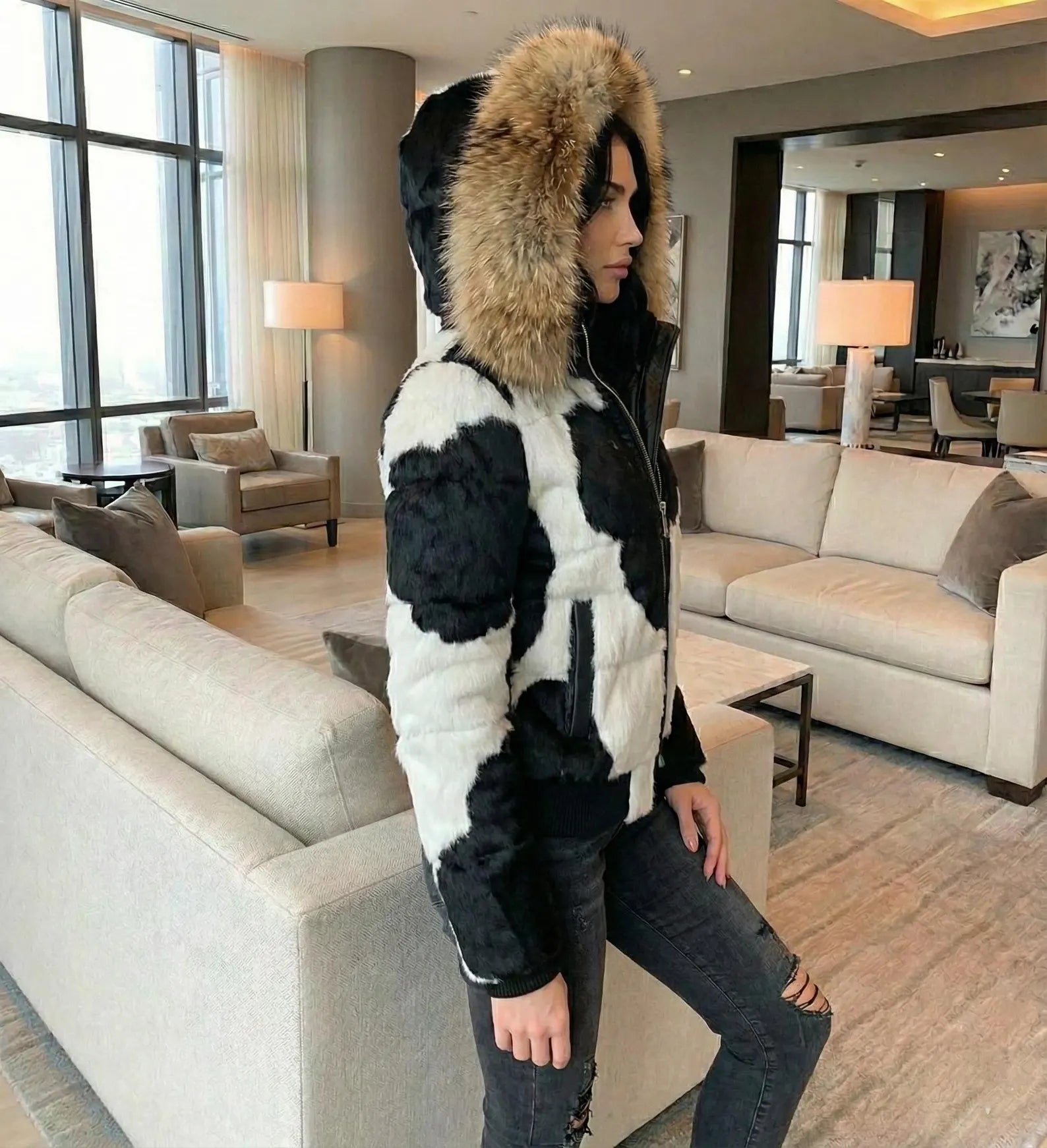 Women Cowhide Leather Puffer jacket , Hair On Hide Puffer Coat With Fur Hood