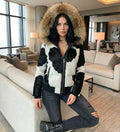 Women Cowhide Leather Puffer jacket , Hair On Hide Puffer Coat With Fur Hood