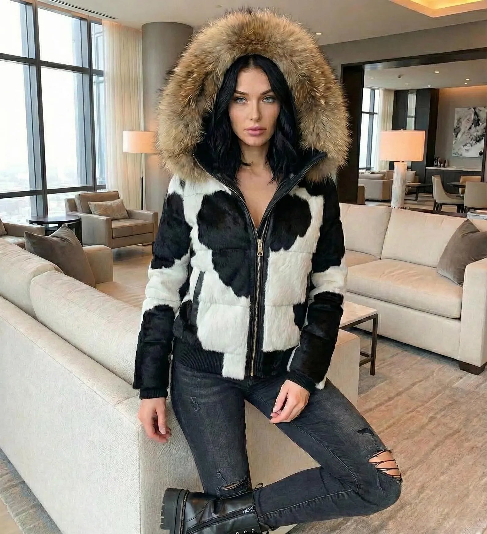 Women Cowhide Leather Puffer jacket , Hair On Hide Puffer Coat With Fur Hood