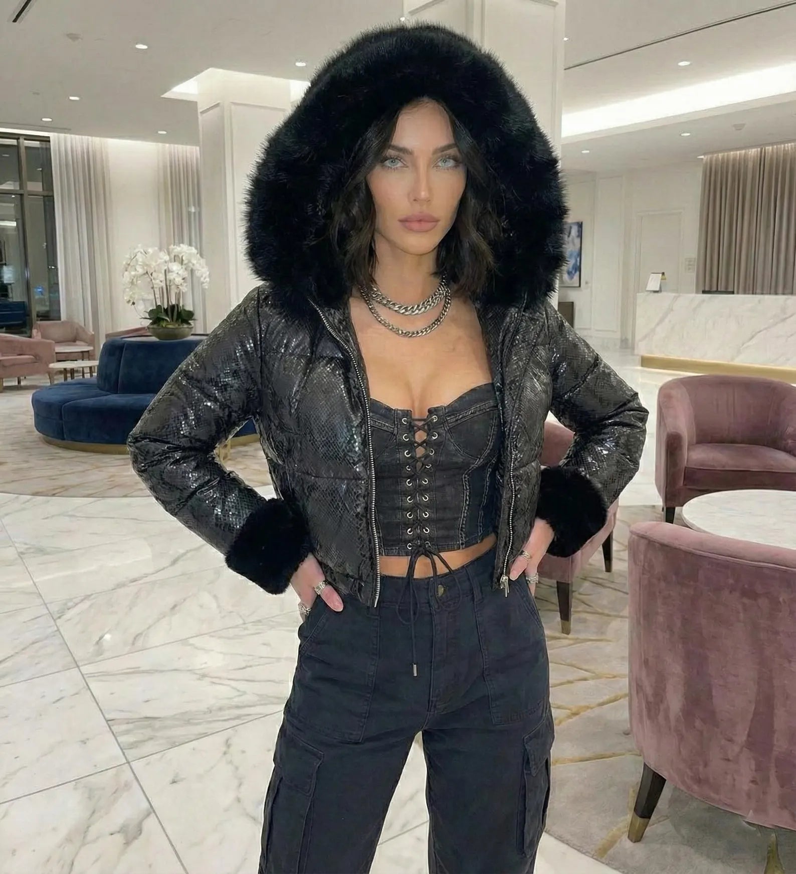 Women's Snake Print Leather Puffer Jacket - Black Cropped Winter Coat with Fur Hood & Cuffs