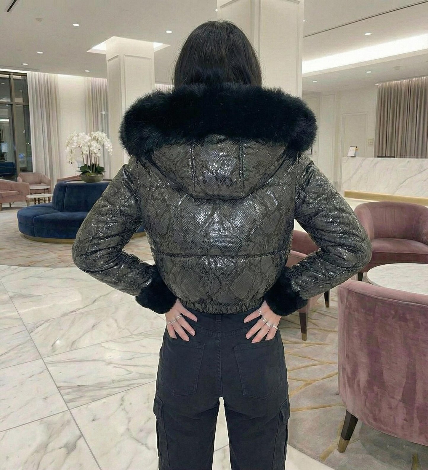 Women's Snake Print Leather Puffer Jacket