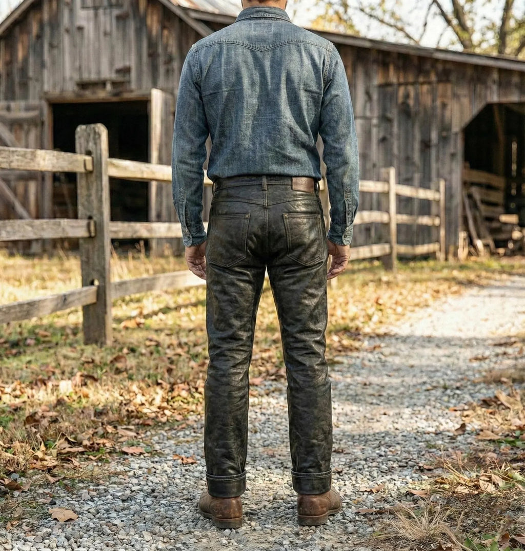 Heavy Duty Vintage Style Leather Pants - Classic Biker Cut - Straight Leg