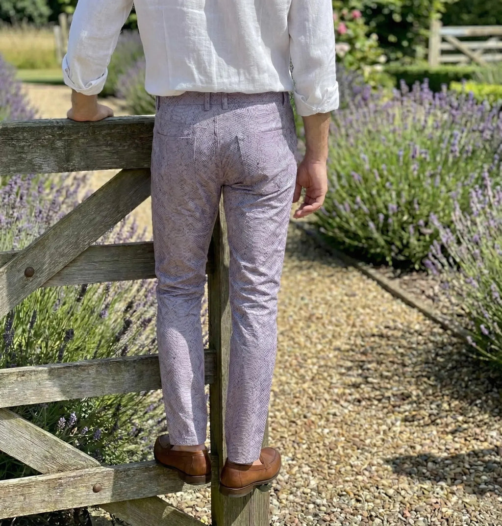 Men's Lavender Python Leather Pants - Rocker Streetwear Trousers - Statement Snake Print