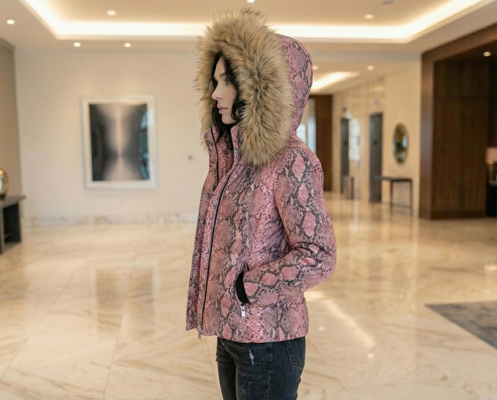 Pink Snake Print Leather Puffer Jacket with Fur Hood, Women’s Winter Cropped Coat