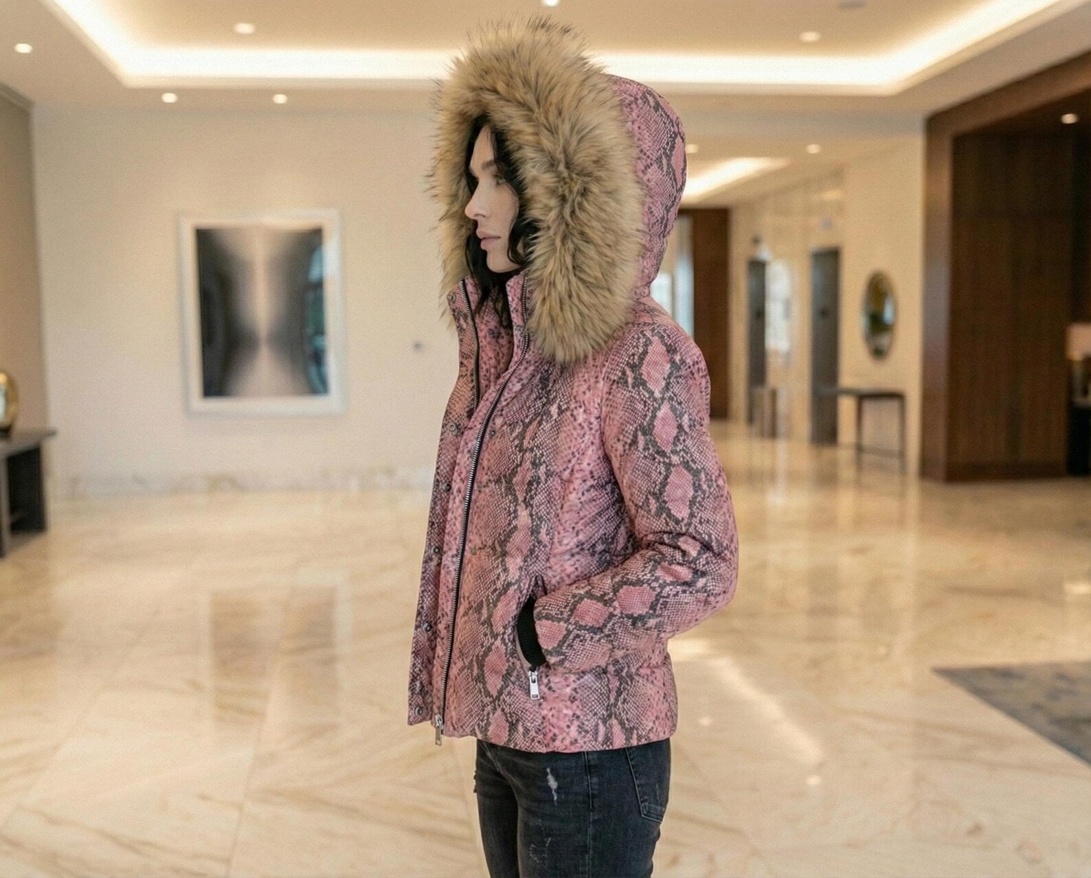 Pink Snake Print Leather Puffer Jacket with Fur Hood, Women’s Winter Cropped Coat