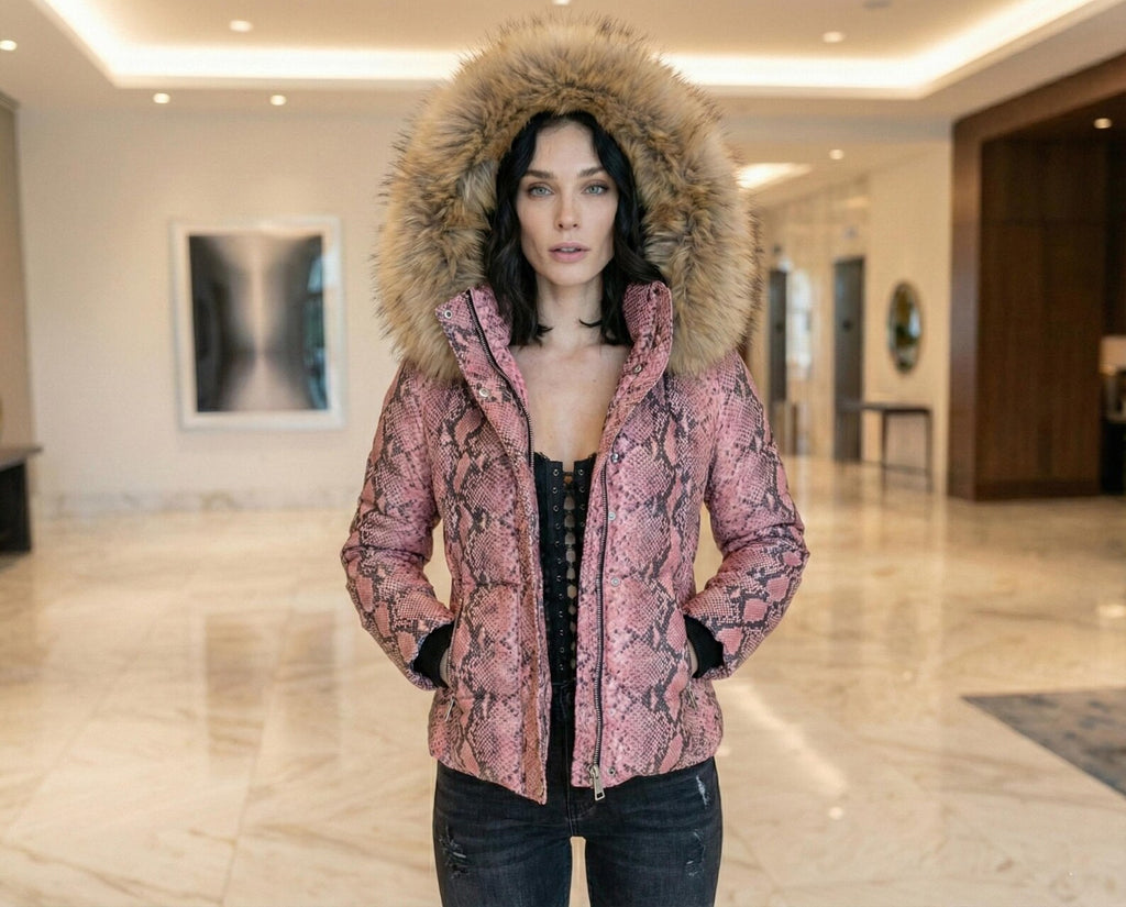 Pink Snake Print Leather Puffer Jacket with Fur Hood, Women’s Winter Cropped Coat