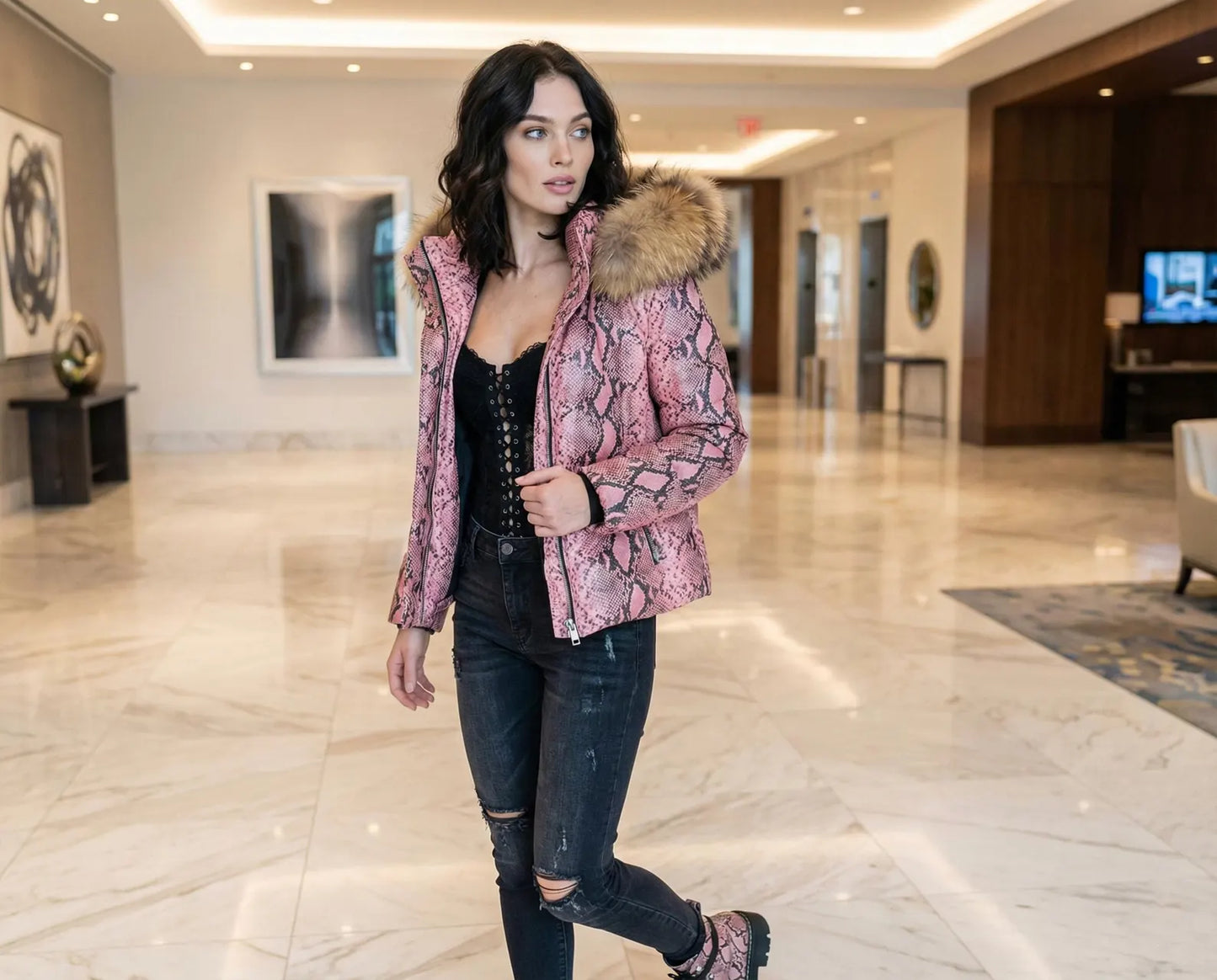 Pink Snake Print Leather Puffer Jacket with Fur Hood