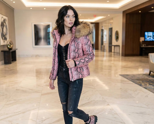 Pink Snake Print Leather Puffer Jacket with Fur Hood
