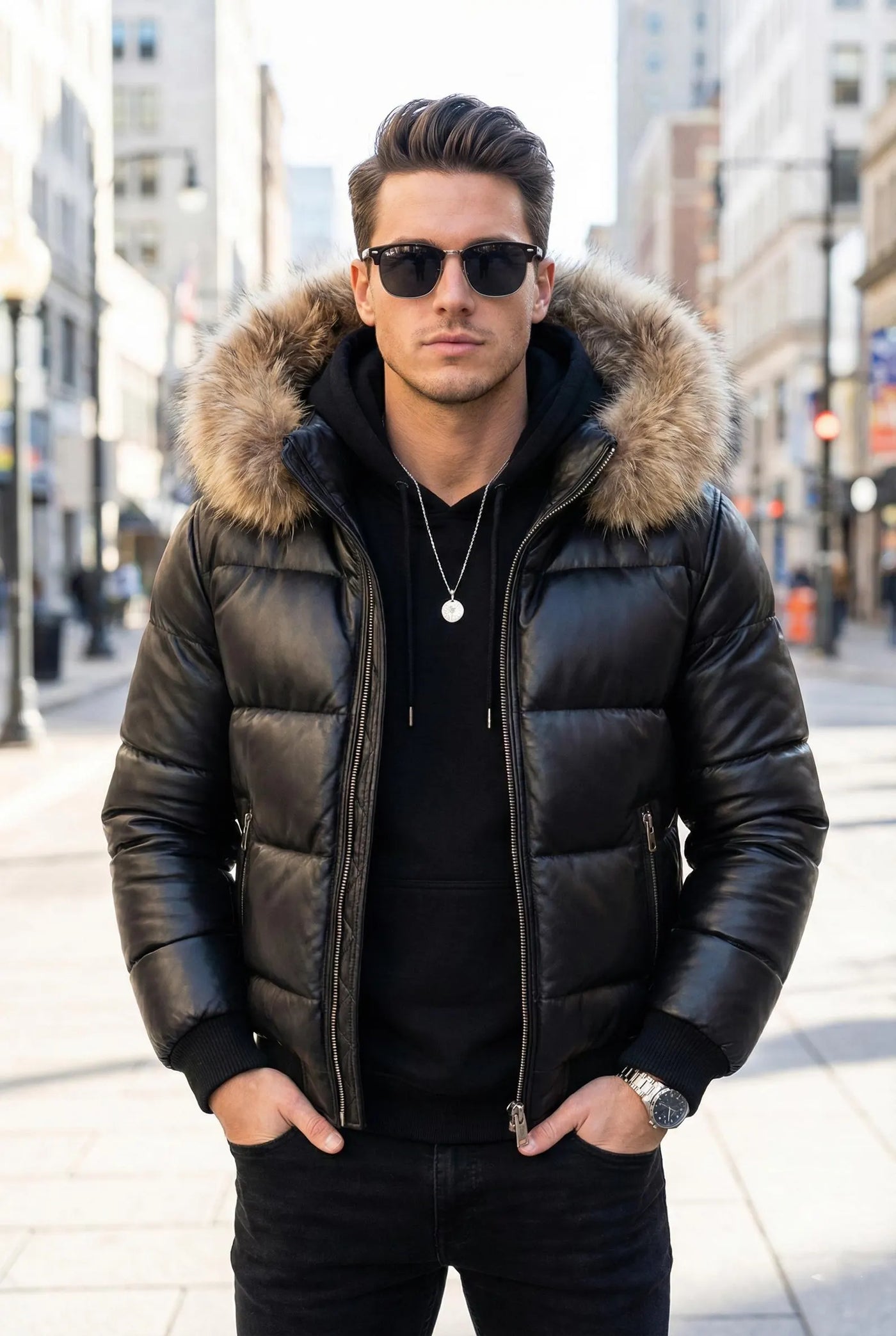 Men Black Leather Puffer Jacket with Fur Hood
