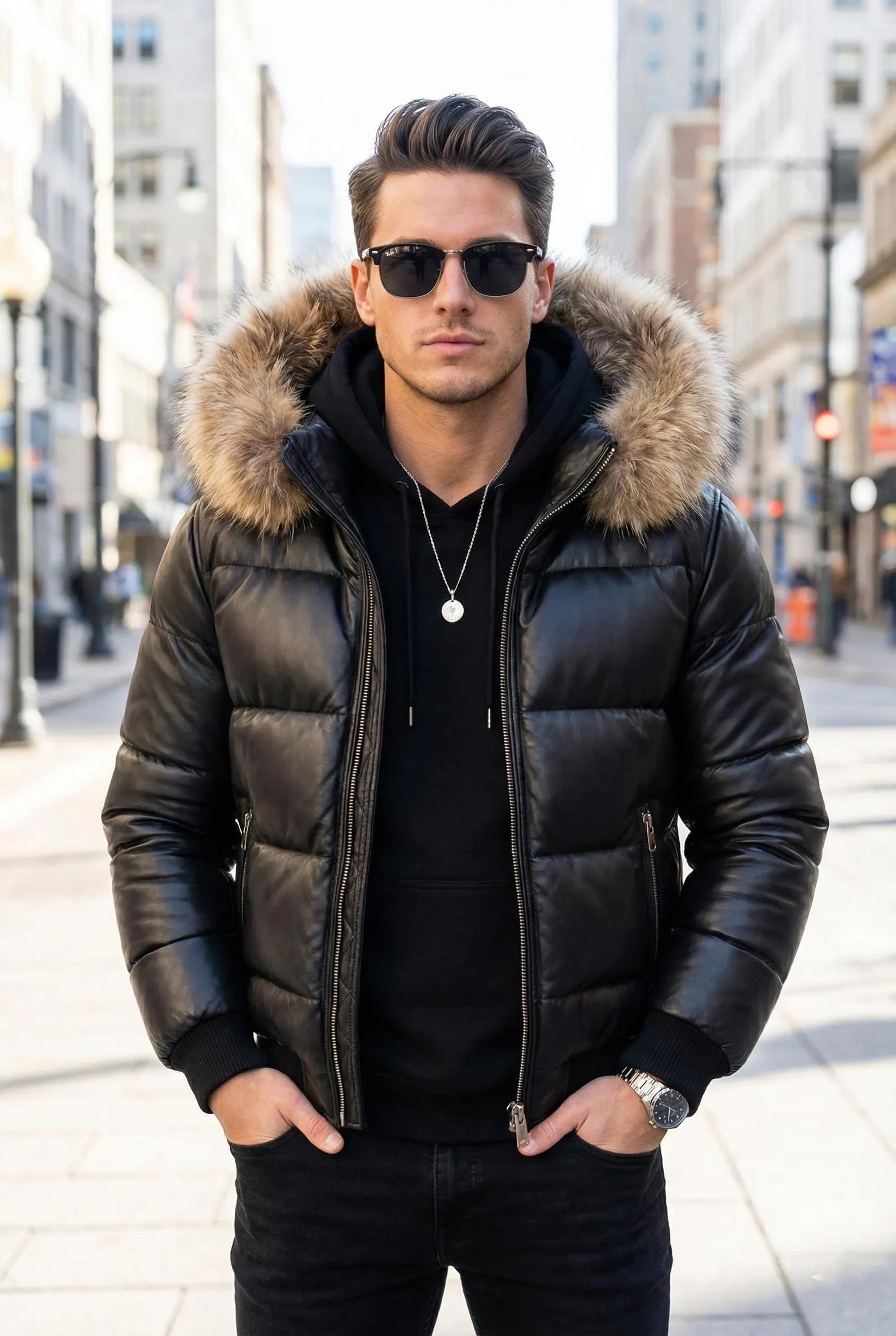 Men Black Leather Puffer Jacket with Fur Hood | Winter Luxury Quilted Jacket