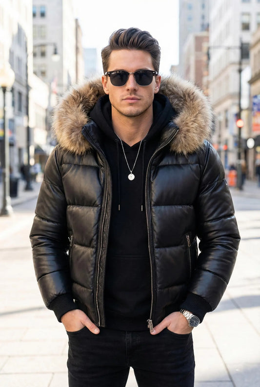Men Black Leather Puffer Jacket with Fur Hood