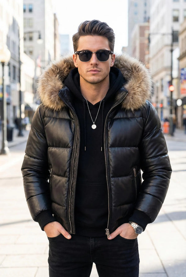 Men Black Leather Puffer Jacket with Fur Hood