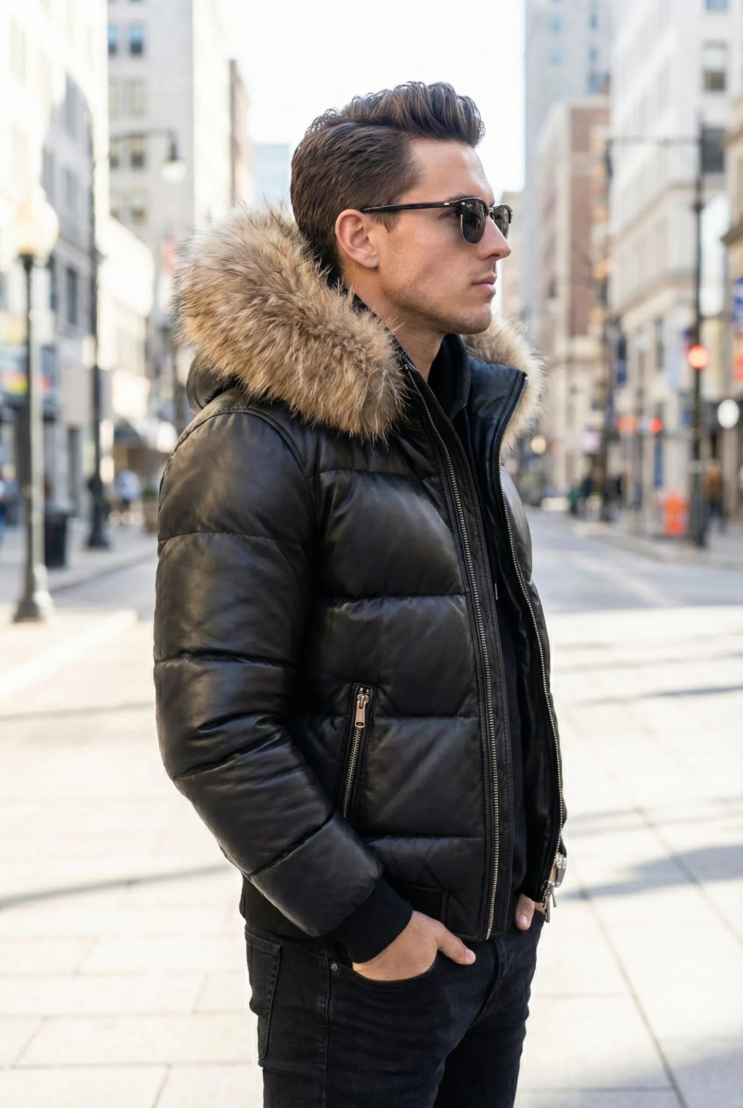 Men Black Leather Puffer Jacket with Fur Hood
