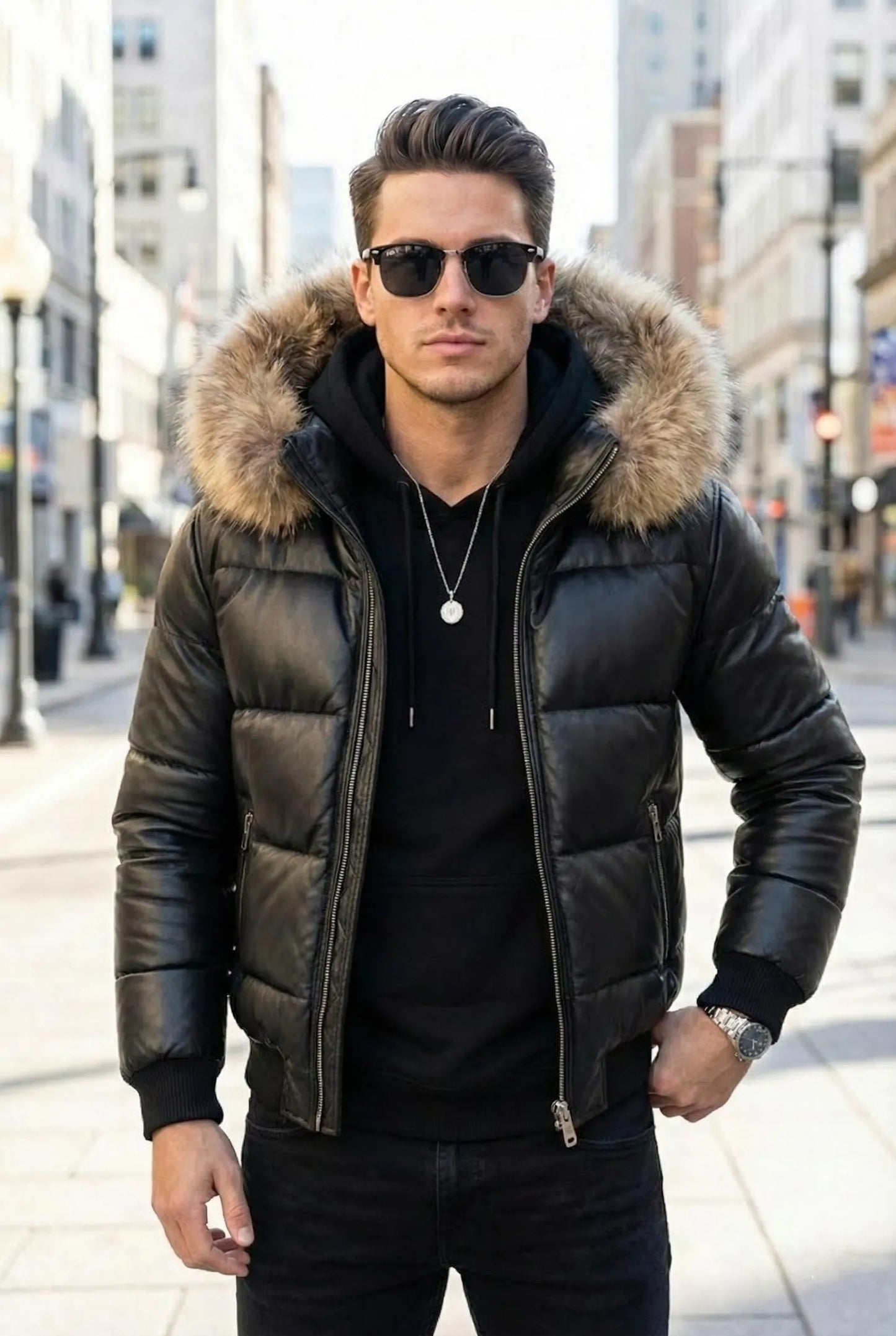 Men Black Leather Puffer Jacket with Fur Hood