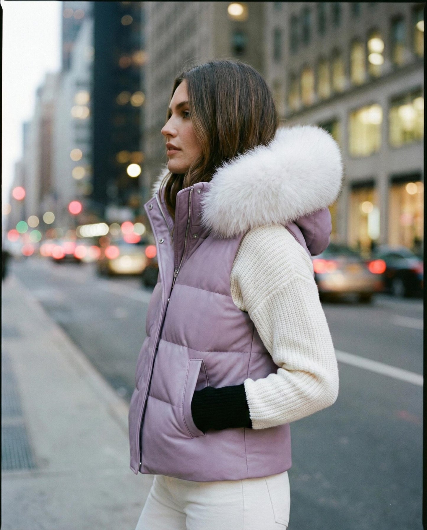 Women's Lavender Leather Puffer Vest with Plush Fur Hood