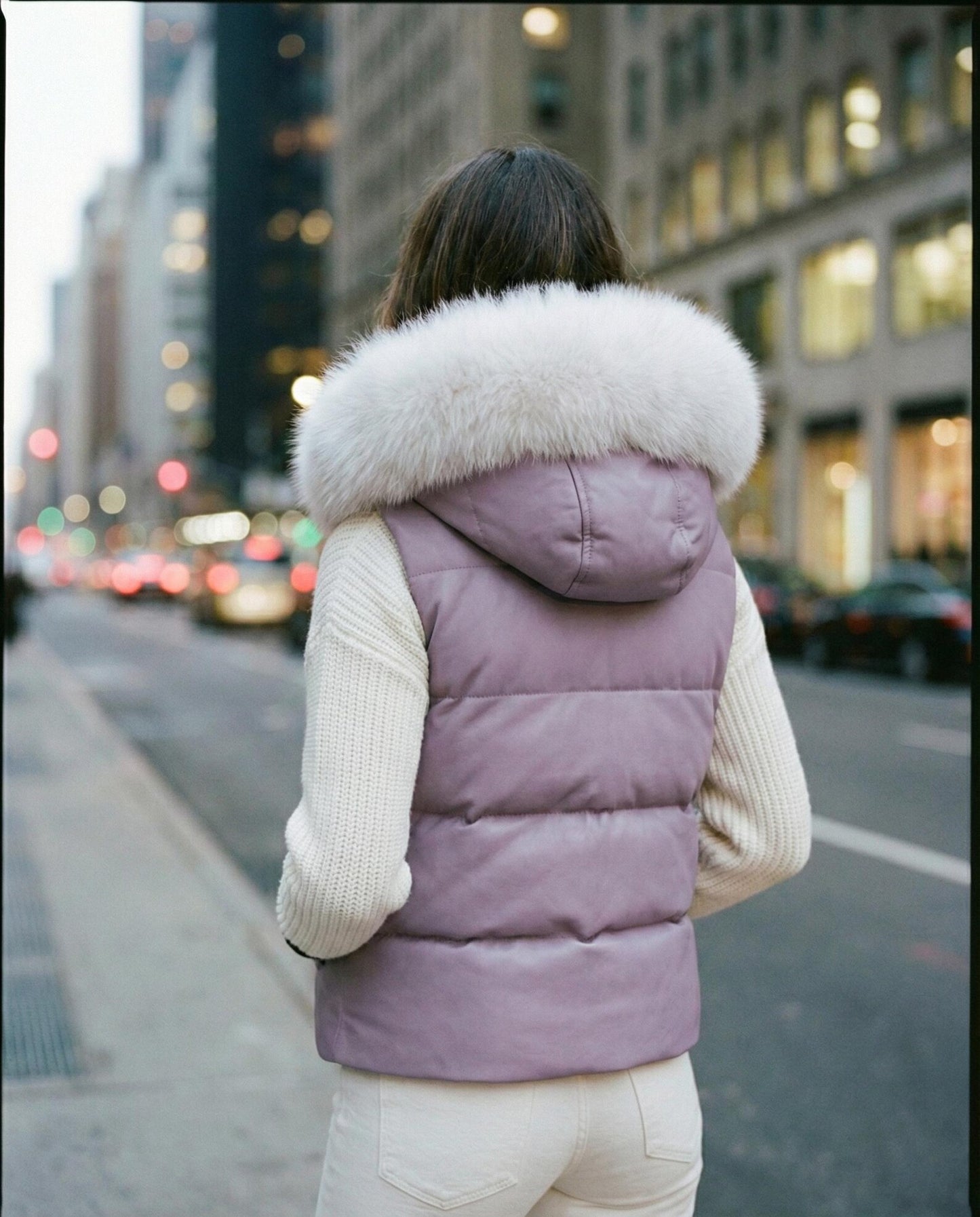Women's Lavender Leather Puffer Vest with Plush Fur Hood