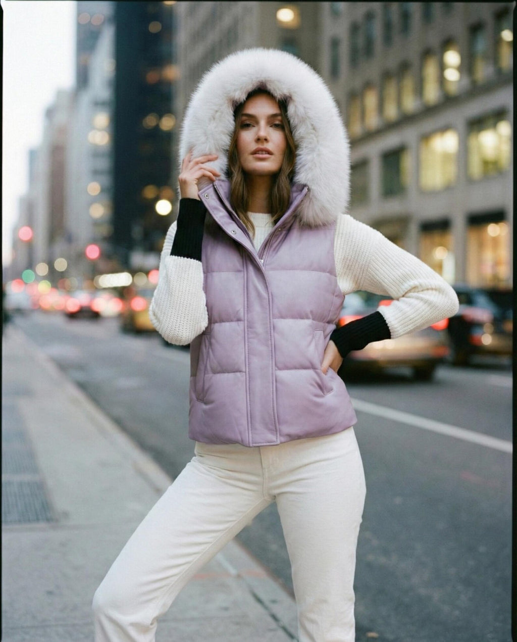 Women's Lavender Leather Puffer Vest with Plush Fur Hood, Quilted Winter Gilet
