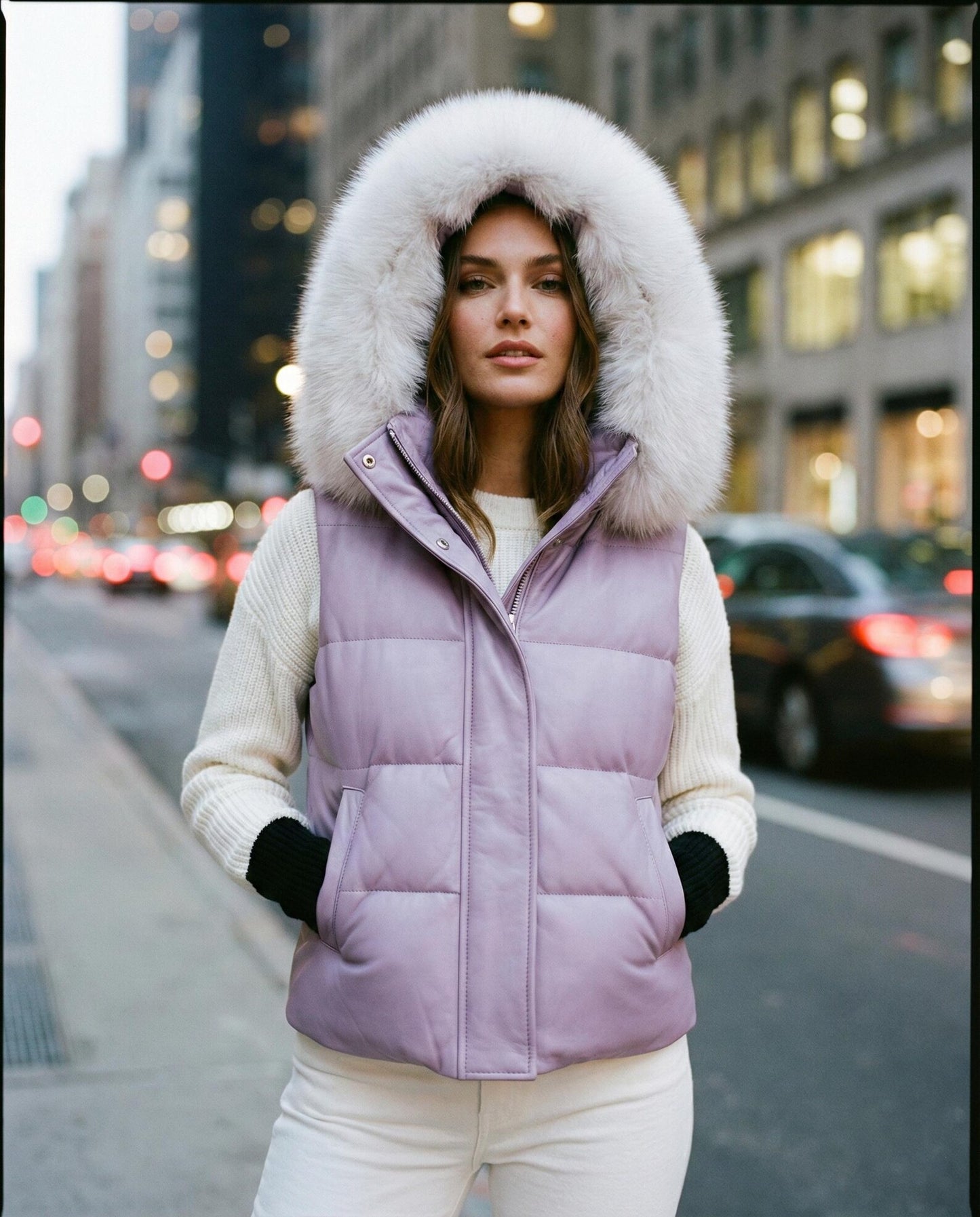 Women's Lavender Leather Puffer Vest with Plush Fur Hood