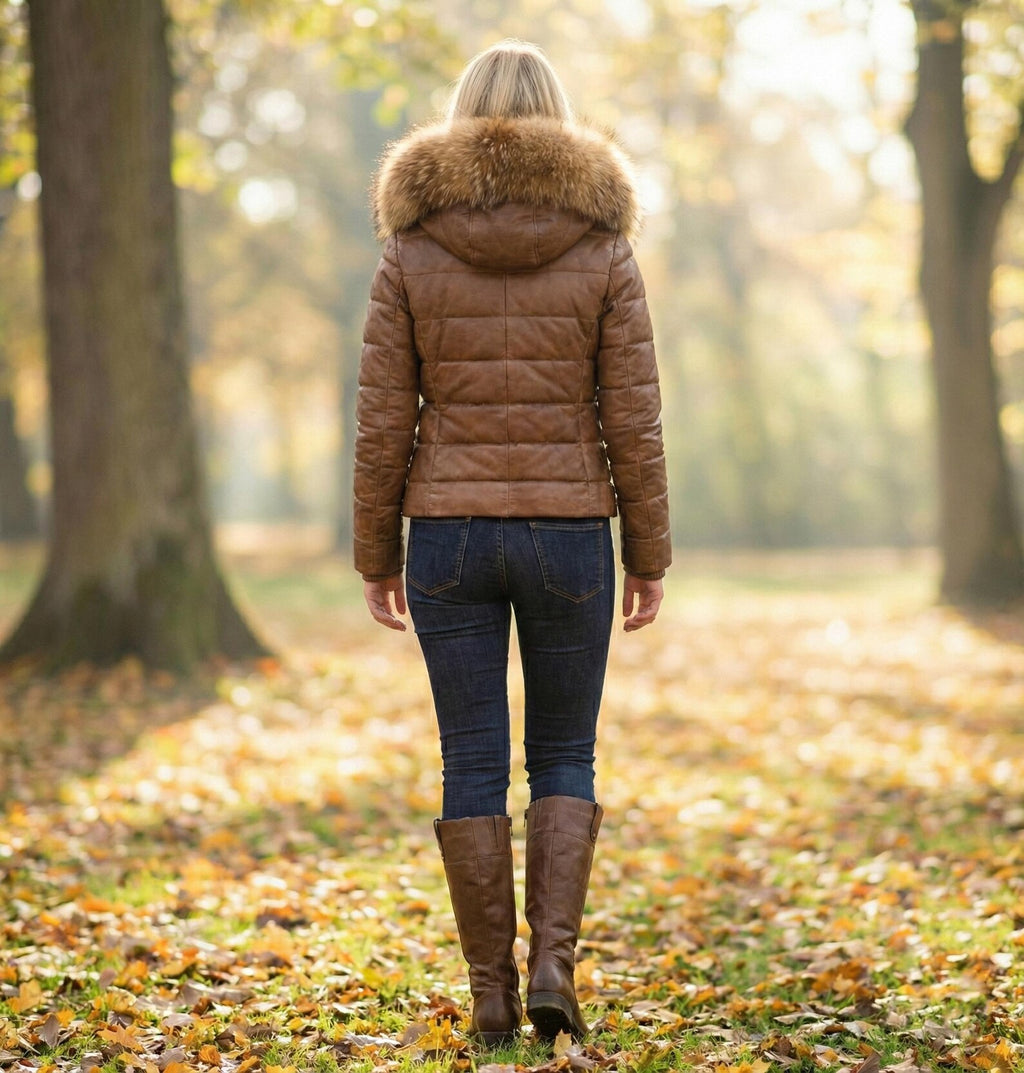 Women's Brown Leather Puffer Jacket with Fur Hood, Quilted Winter Coat, Warm Lambskin Bomber