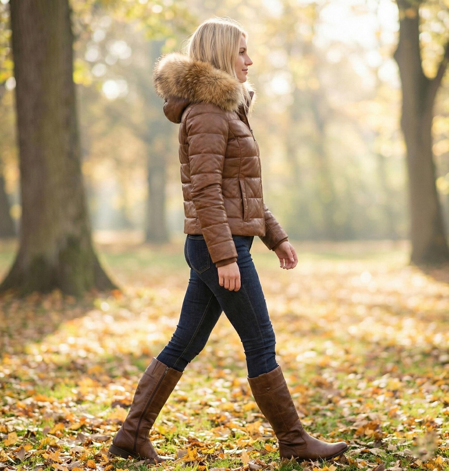 Women's Brown Leather Puffer Jacket with Fur Hood