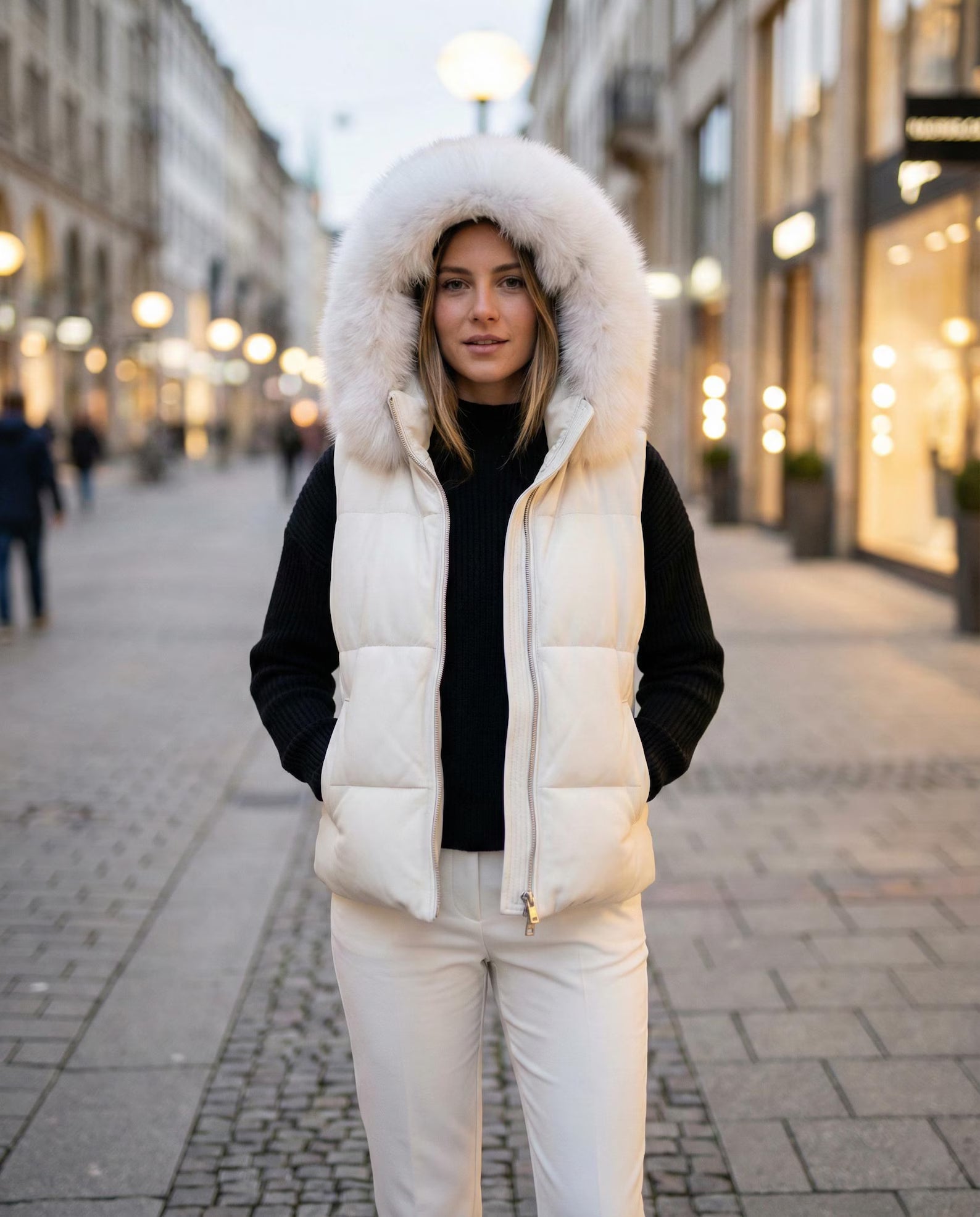 Women's White Leather Puffer Vest with Fur Hood, Quilted Winter Gilet, Sleeveless Jacket