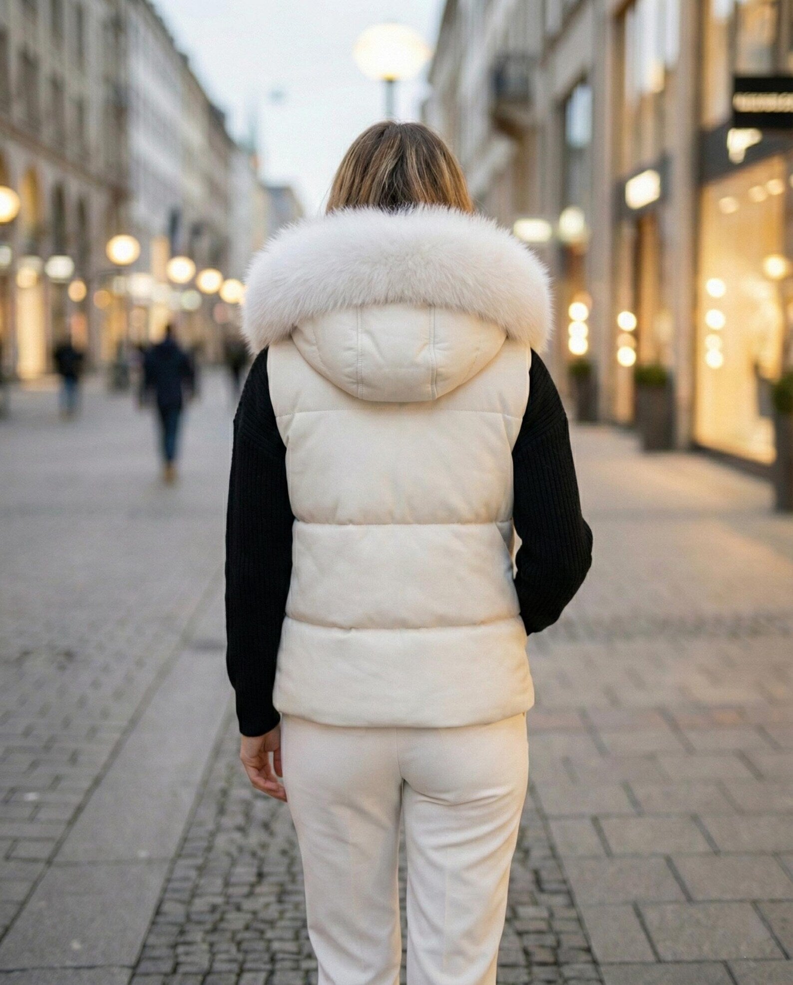 Women's White Leather Puffer Vest with Fur Hood, Quilted Winter Gilet, Sleeveless Jacket