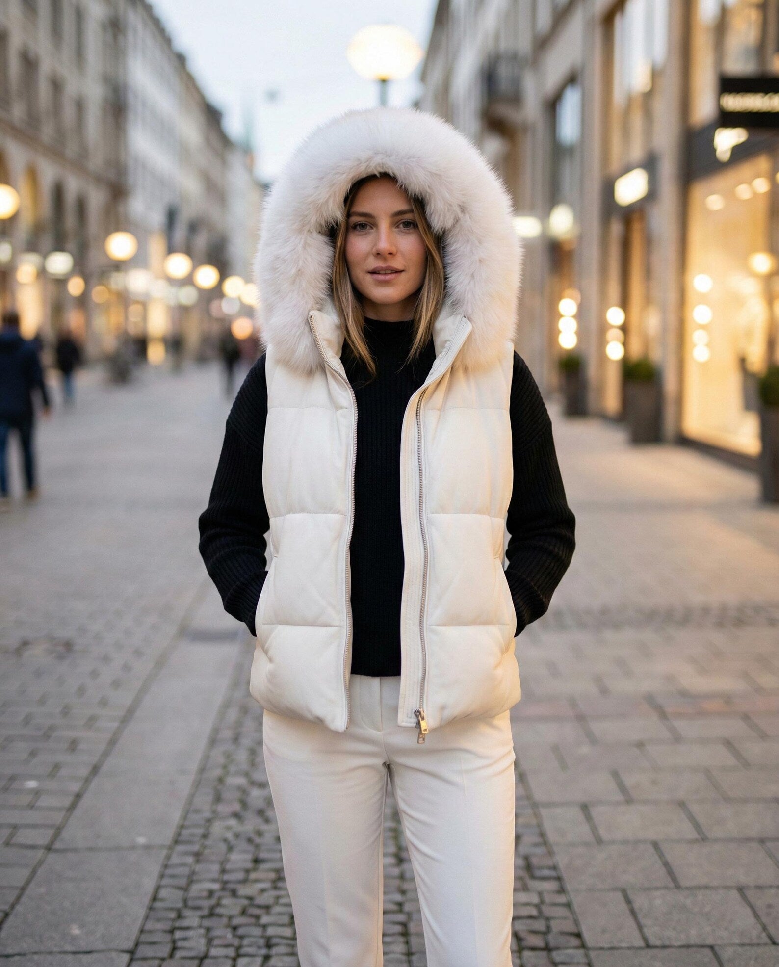 Women's White Leather Puffer Vest with Fur Hood, Quilted Winter Gilet, Sleeveless Jacket