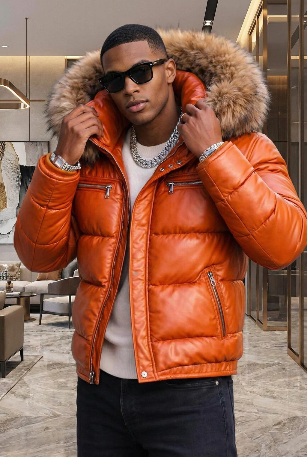 Men's Burnt Orange Leather Puffer Jacket with Fur Hood, Winter Coat