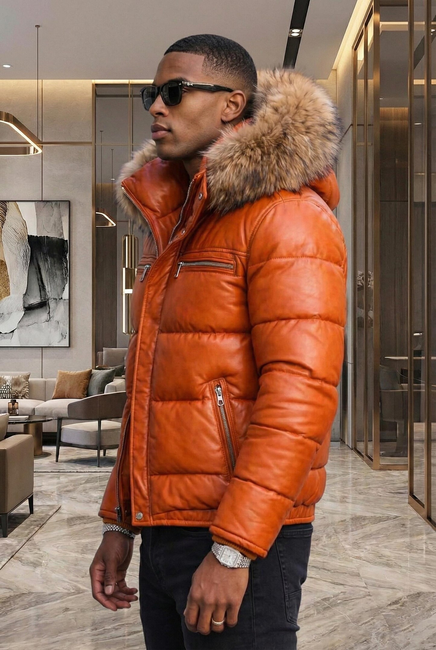 Men's Burnt Orange Leather Puffer Jacket with Fur Hood