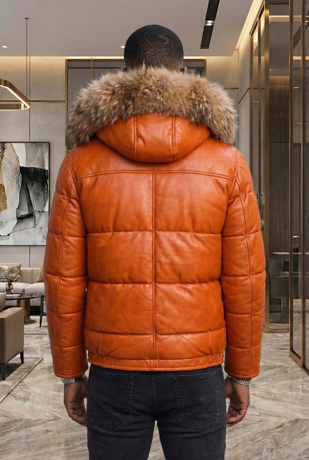 Men's Burnt Orange Leather Puffer Jacket with Fur Hood, Winter Coat