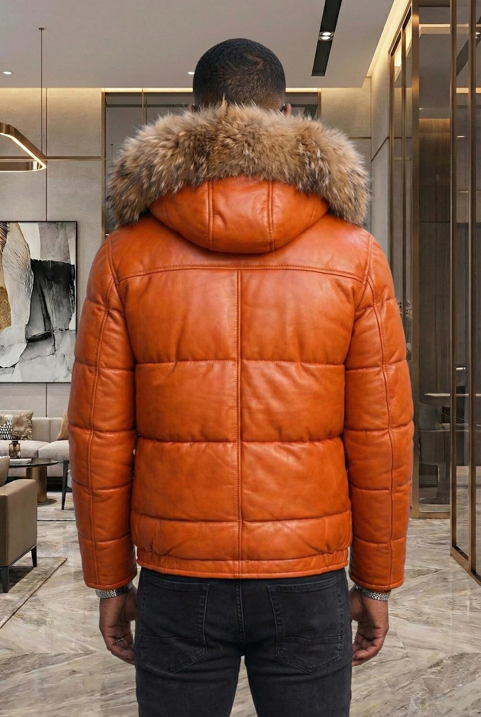 Men's Burnt Orange Leather Puffer Jacket with Fur Hood, Winter Coat