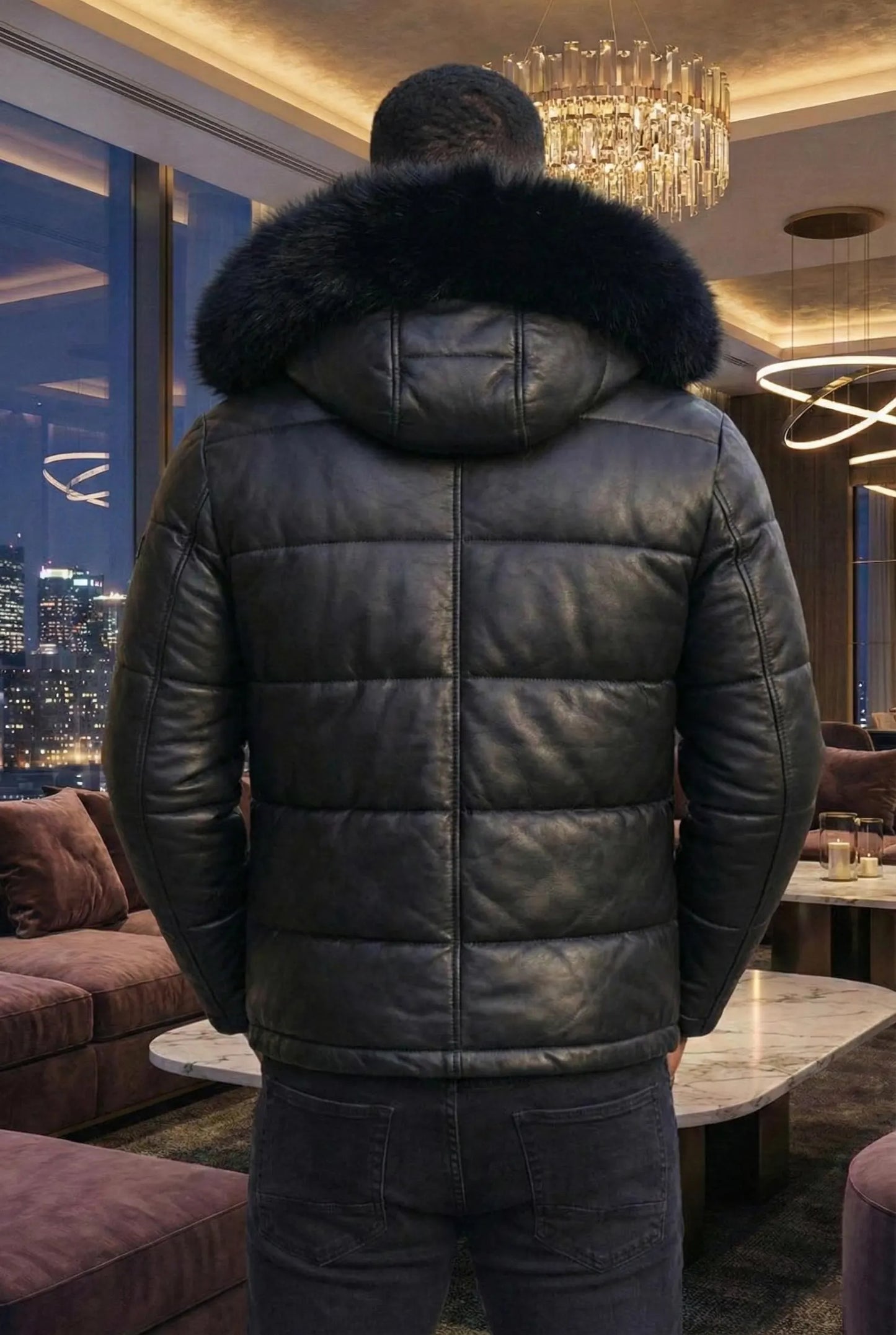 Men Black Leather Puffer Jacket with Fur Hood