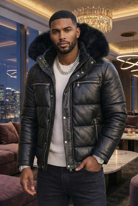 Men Black Leather Puffer Jacket with Fur Hood