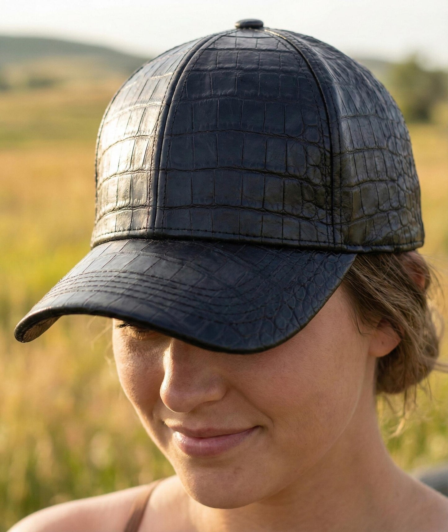Black Crocodile Leather Baseball Cap