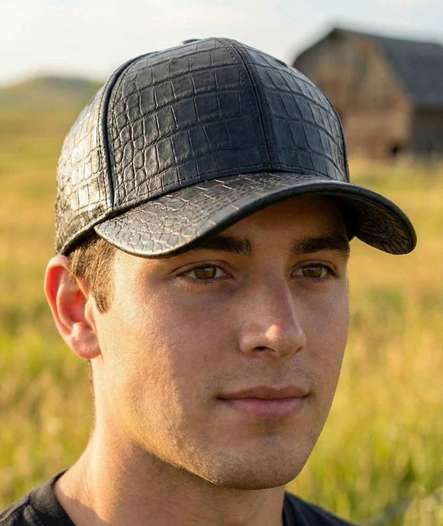 Black Crocodile Leather Baseball Cap
