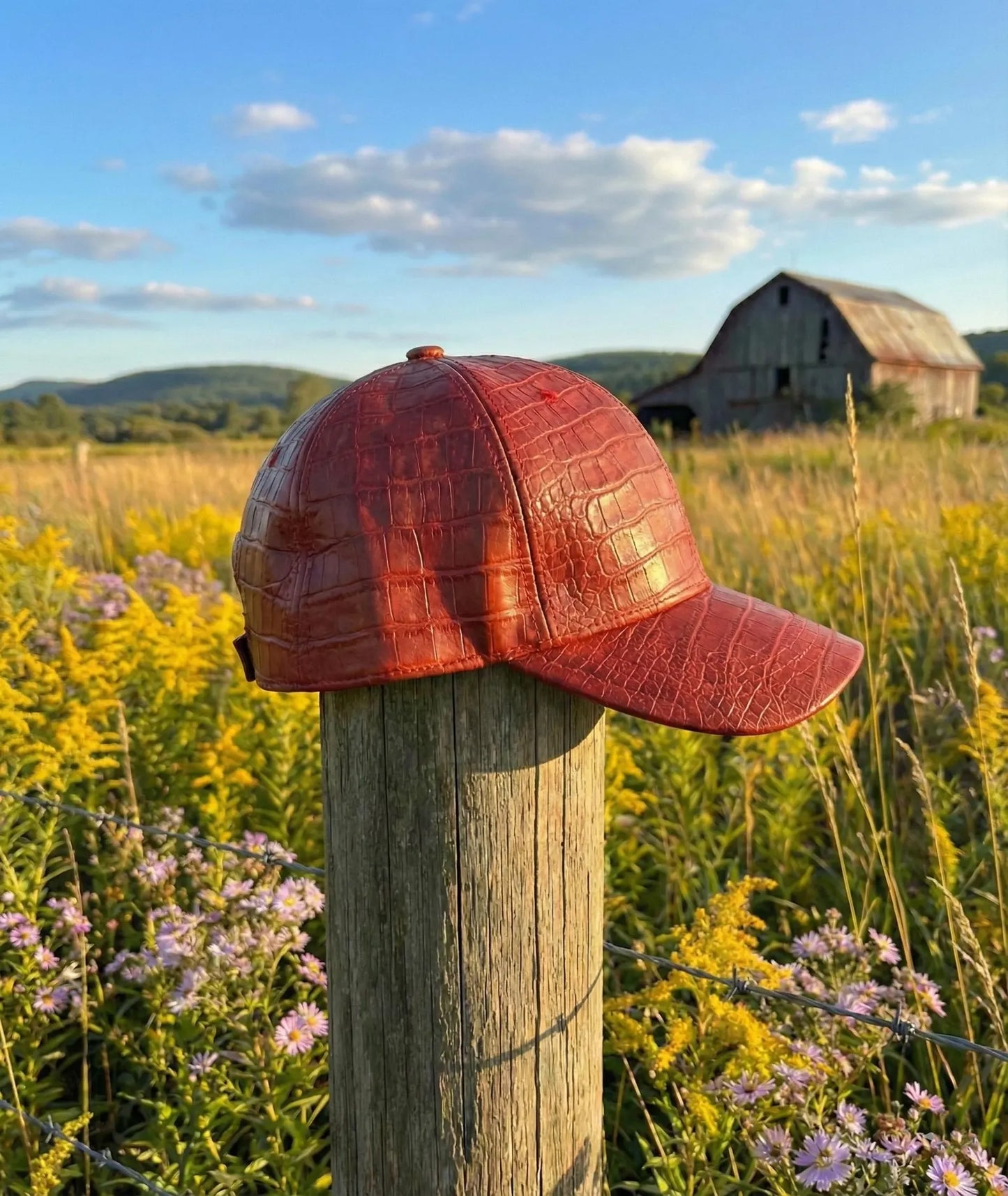 Red Crocodile Embossed Leather Baseball Cap
