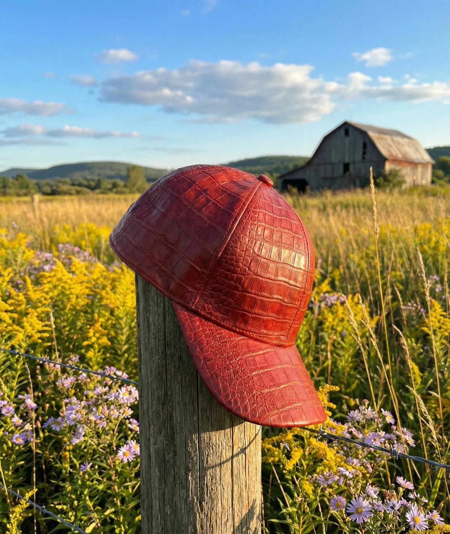 Red Crocodile Embossed Leather Baseball Cap