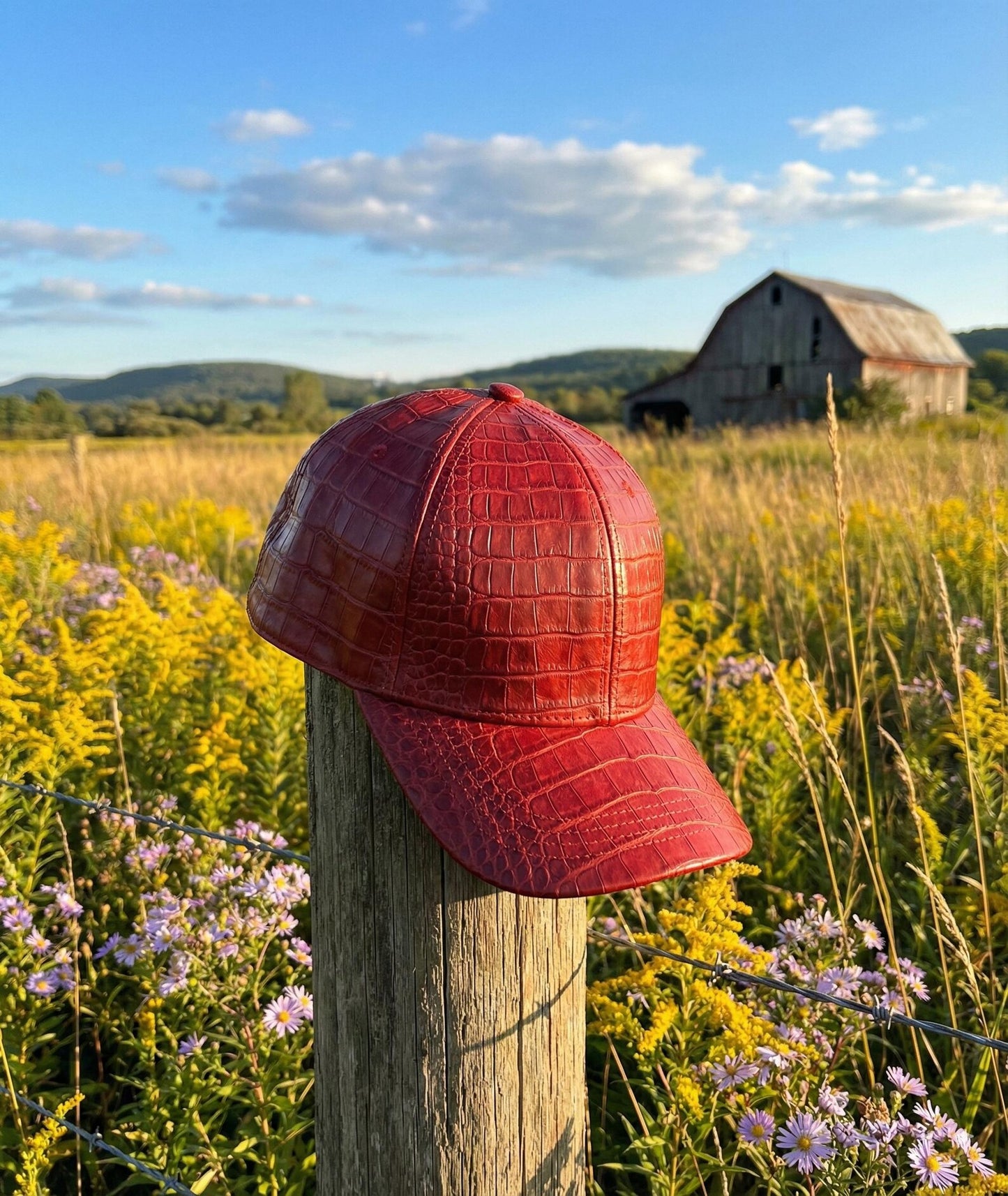 Red Crocodile Embossed Leather Baseball Cap