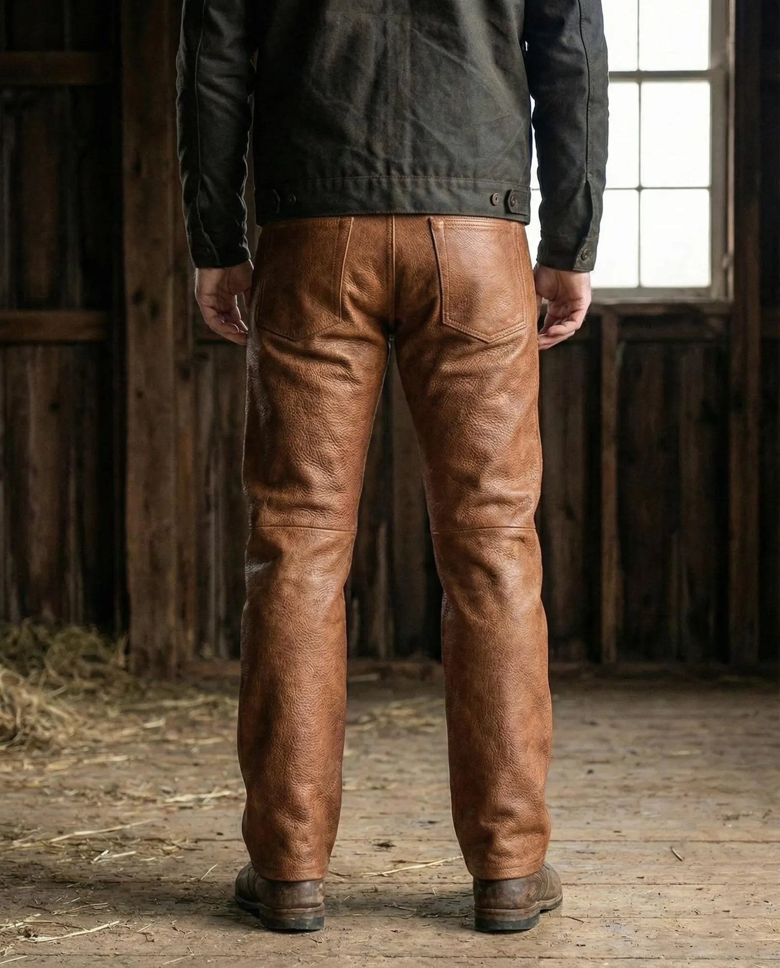 Men’s Brown Leather Pants Vintage Workwear Style Straight Leg Trousers Rugged Genuine Cowhide