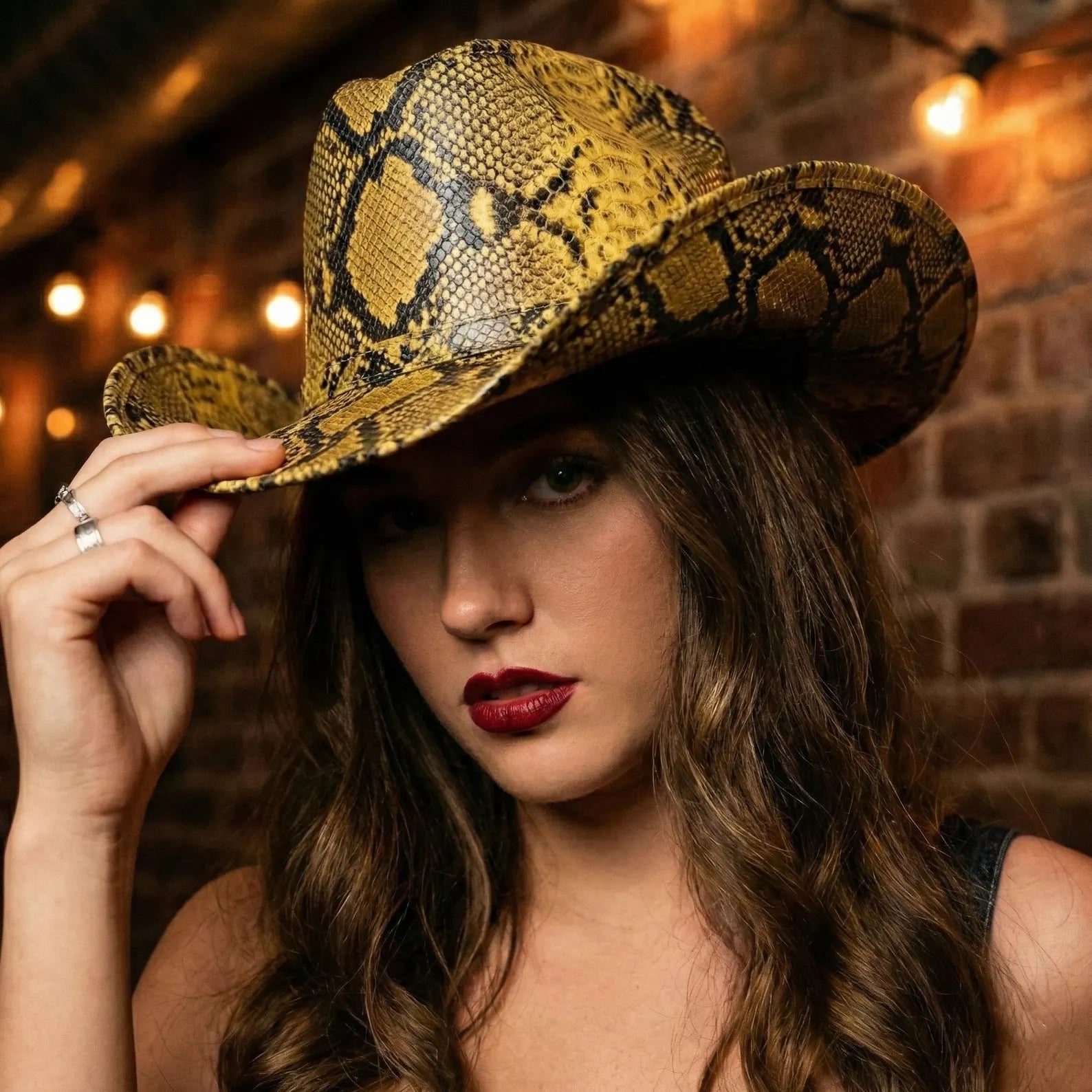 Yellow Snakeskin Leather Cowboy Hat - Embossed Python Western Style - Festival Cowgirl Wear