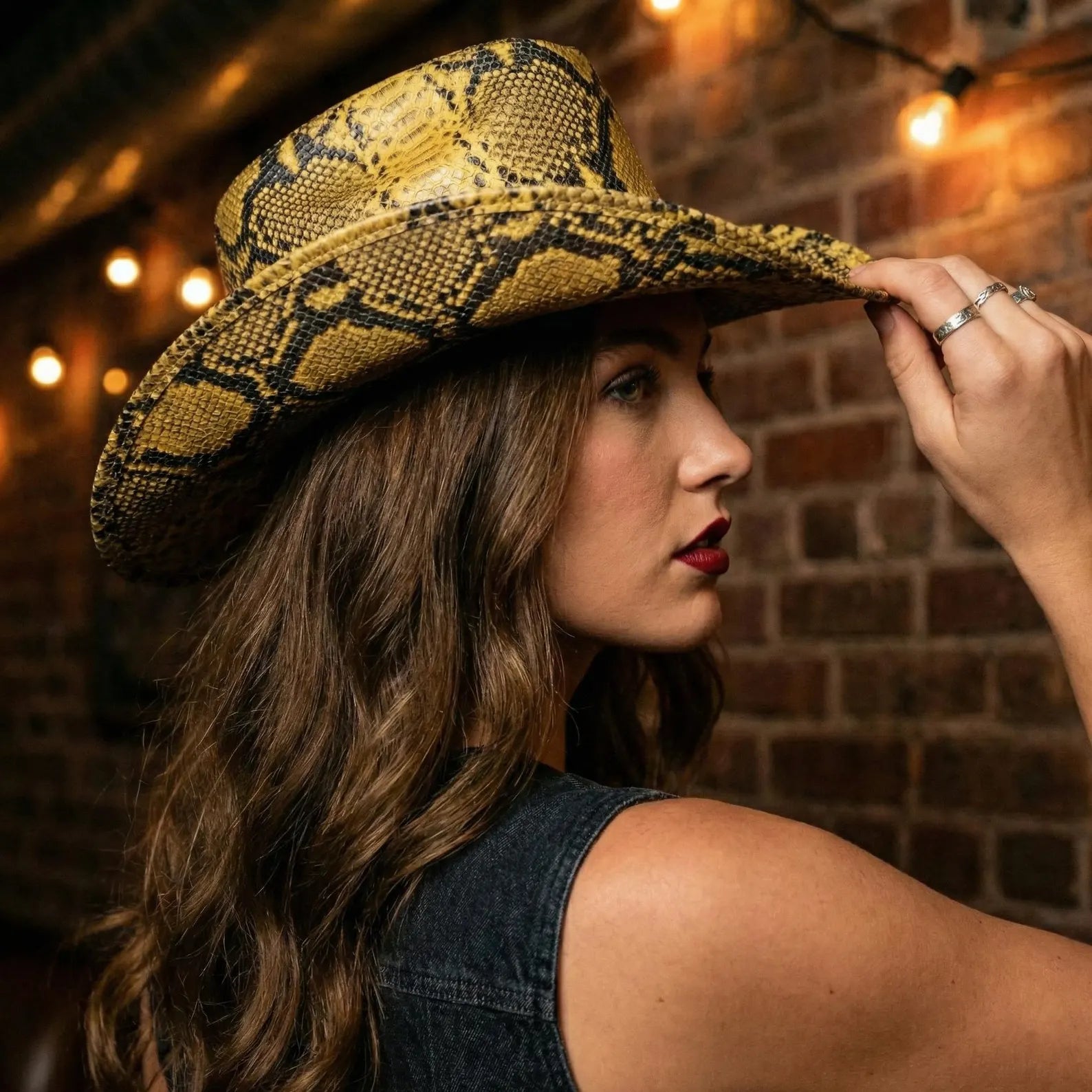 Yellow Snakeskin Leather Cowboy Hat - Embossed Python Western Style - Festival Cowgirl Wear