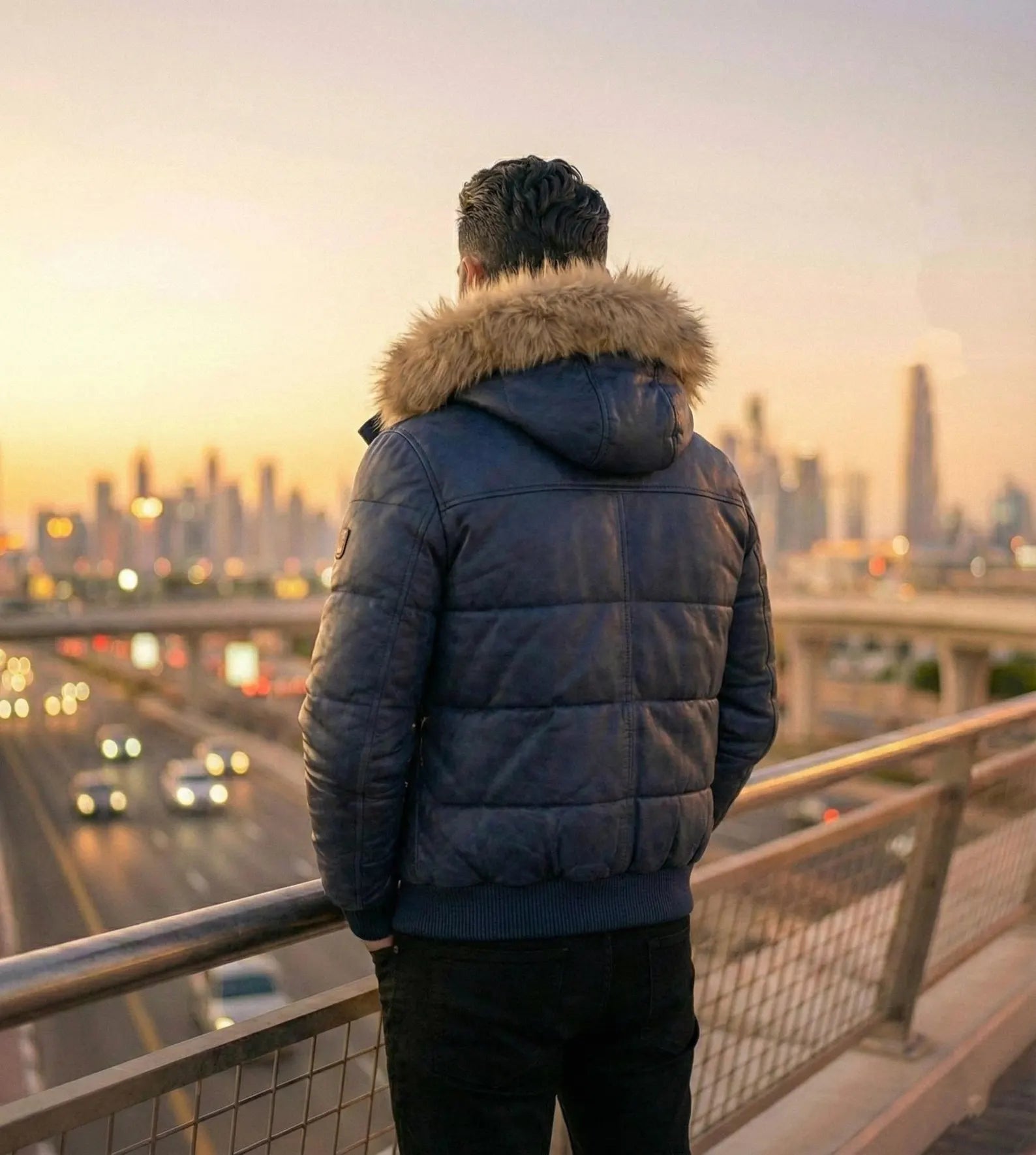 Navy Blue Leather Puffer Jacket, Men's Winter Bomber Coat