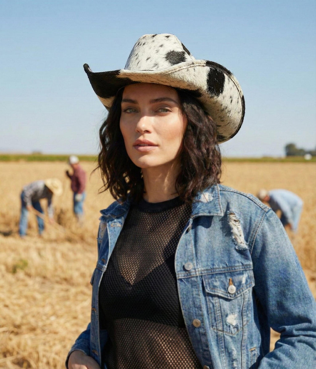 Handmade Cowhide Leather Cowboy Hat | Brown & White Hair on Western Hat